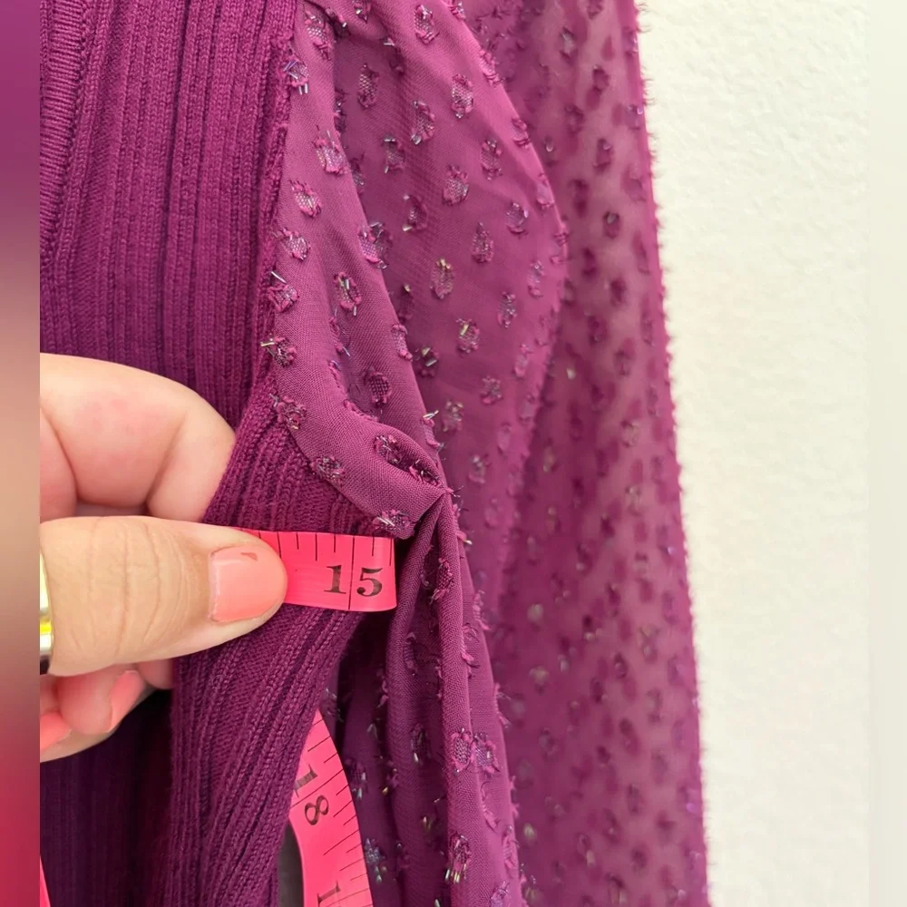 Anthropologie Puff-Sleeve Shimmer Plum Ribbed Knit Top Sheer Puff Sleeves Boho S